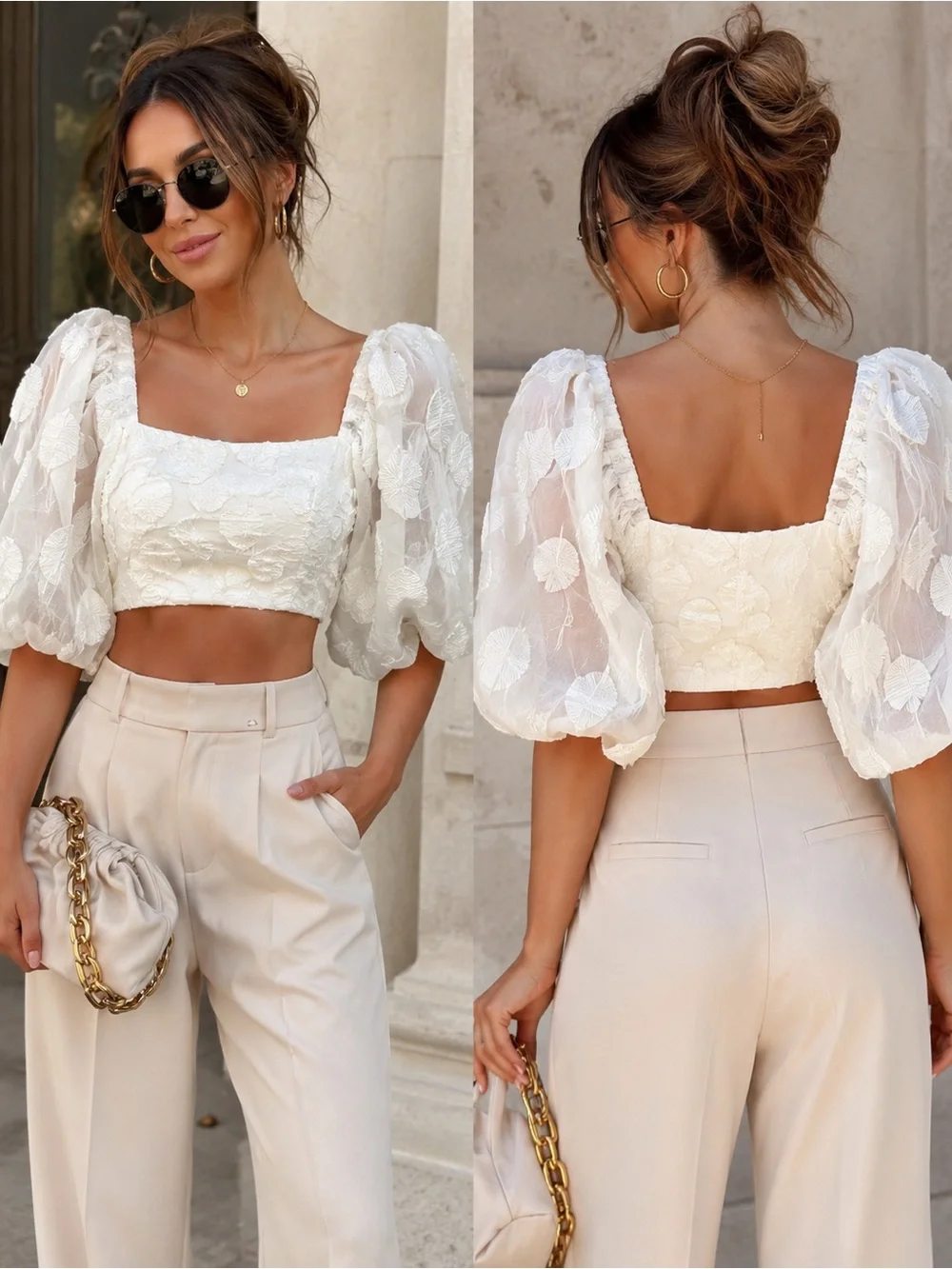 Zara NWT Blogger Favorite White 3D Floral Organza Puff Sleeve Crop Top